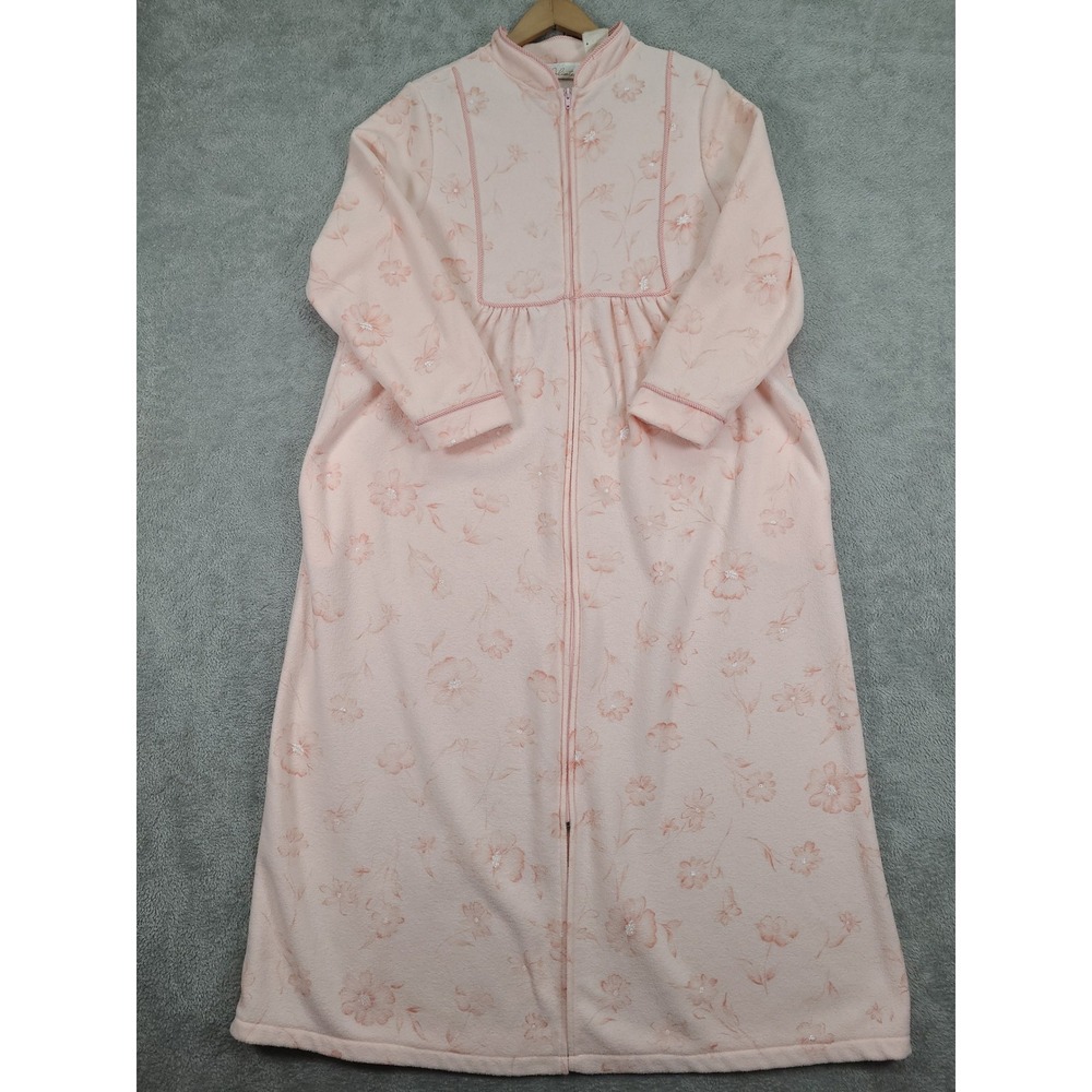 Vintage Delicates Pink Floral Full Zip Up Long Robe House Coat Womens Lg‎